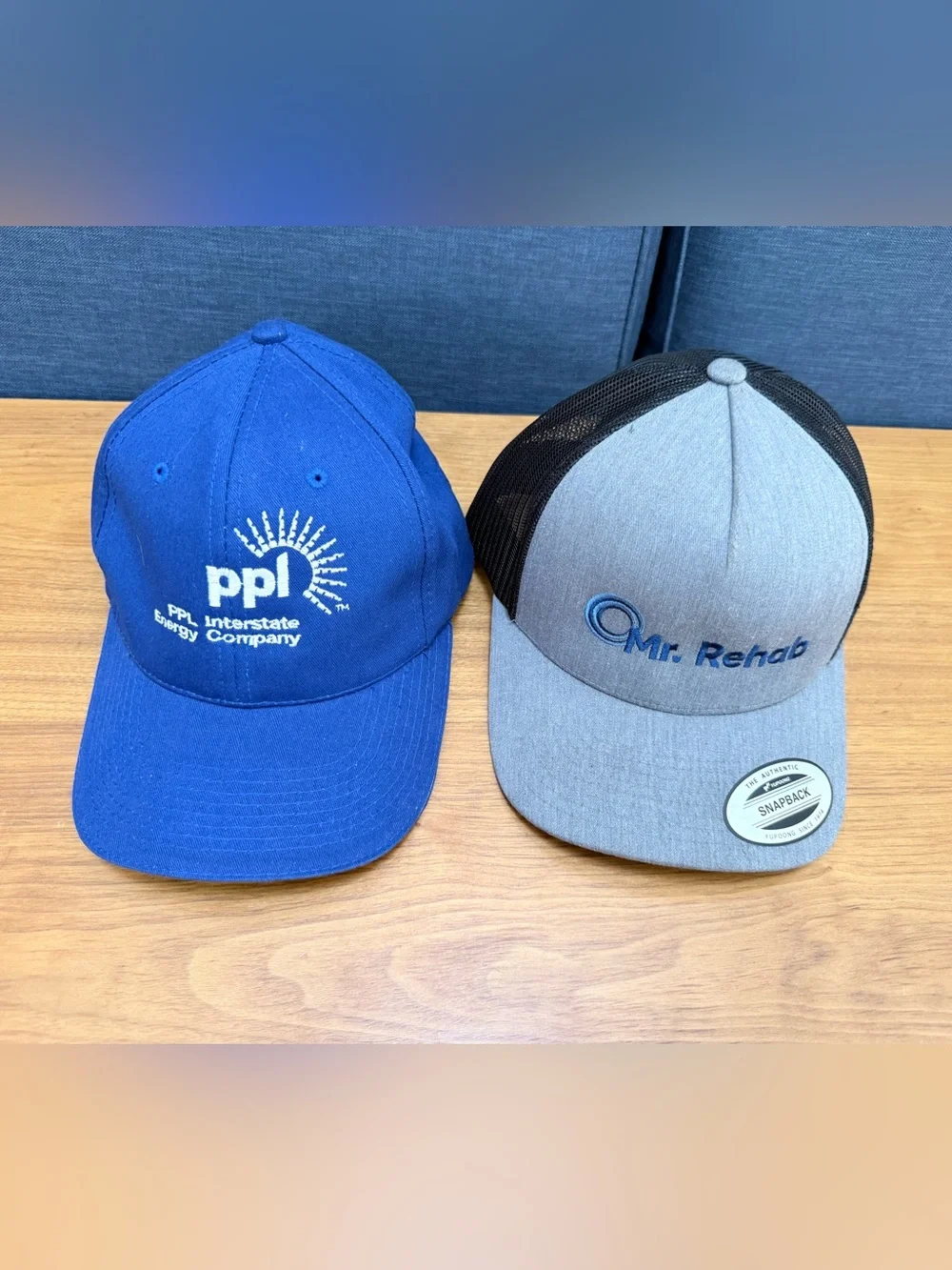 Lot of 2 Workwear Hats PPL Interstate Energy & Mr Rehab Yupoong Mesh Snapback